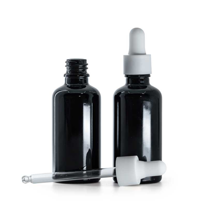 Flacone in vetro, nero lucido, contagocce bianco opaco liscio, 50 ml
