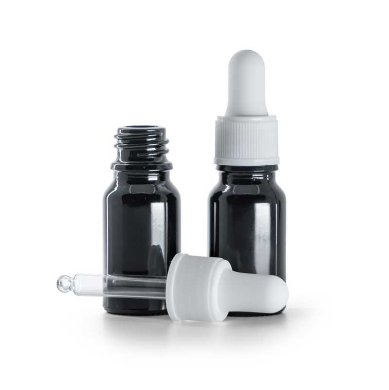 Flacone in vetro, nero lucido, contagocce bianco opaco, 10 ml