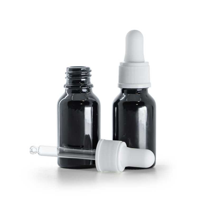 Bottiglia in vetro, nero lucido, contagocce bianco opaco, 15 ml