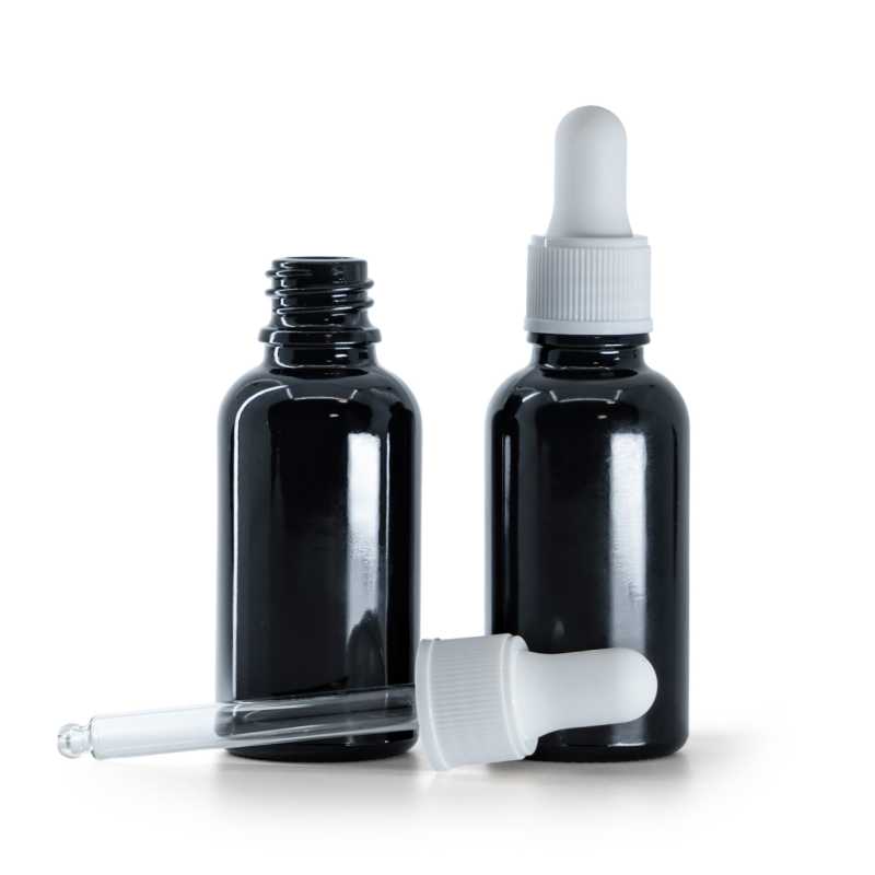 Flacone in vetro, nero lucido, contagocce bianco opaco, 30 ml
