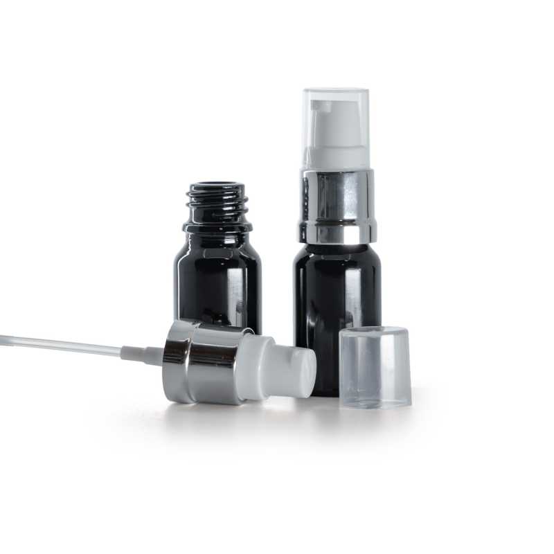 Flacone in vetro, nero lucido, dosatore bianco argento lucido, 10 ml
