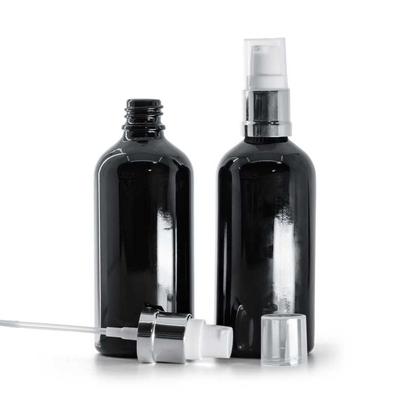 Bottiglia in vetro, nera lucida, dosatore bianco argento lucido, 100 ml