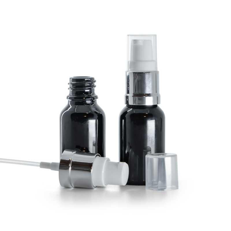 Flacone in vetro, nero lucido, dosatore bianco argento lucido, 15 ml