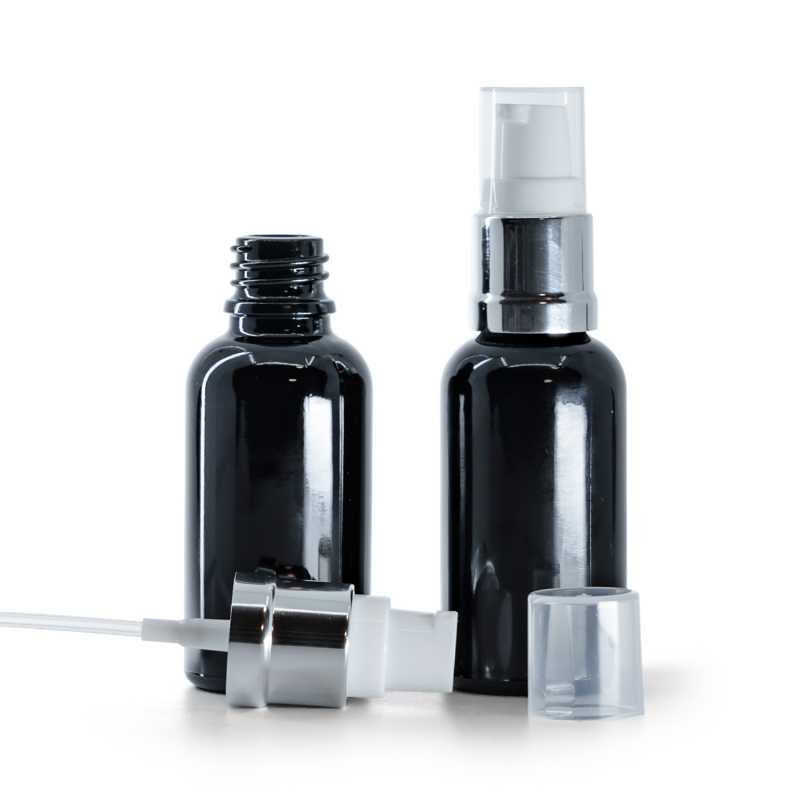 Flacone in vetro, nero lucido, dosatore bianco argento lucido, 30 ml