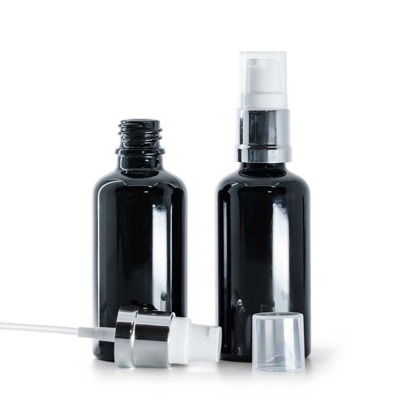 Flacone in vetro, nero lucido, dosatore bianco argento lucido, 50 ml