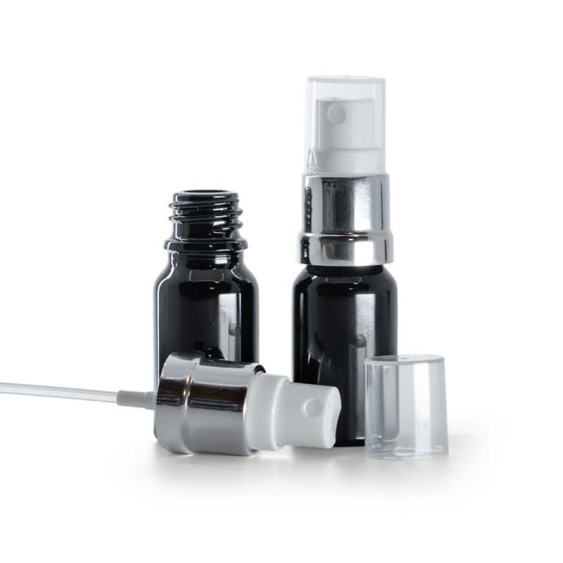 Bottiglia in vetro, nera lucida, spruzzatore bianco argento, 10 ml