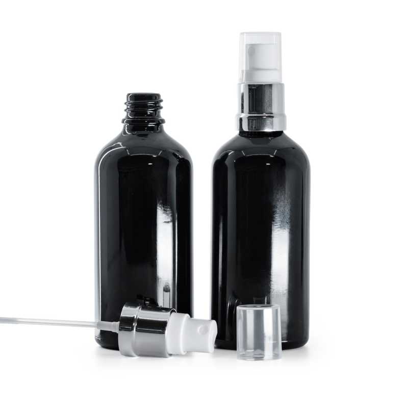 Bottiglia in vetro, nero lucido, spruzzatore bianco-argento lucido, 100 ml