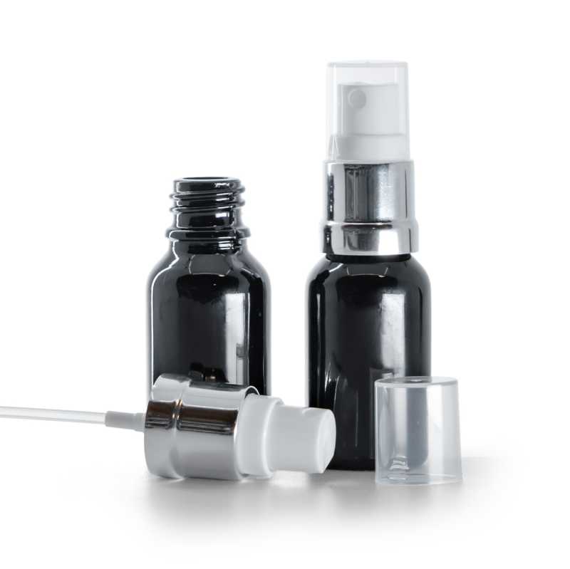 Bottiglia in vetro, nero lucido, spruzzatore bianco argento lucido, 15 ml
