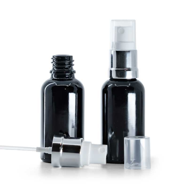 Bottiglia in vetro, nera lucida, spruzzatore bianco-argento, 30 ml