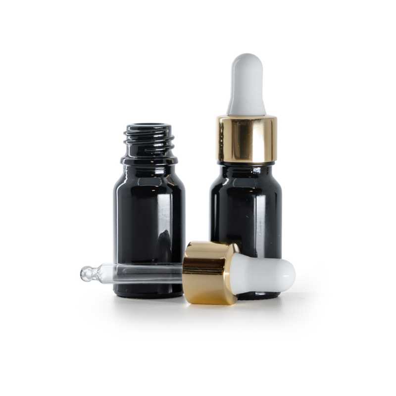 Flacone in vetro, nero lucido, contagocce bianco oro, 10 ml