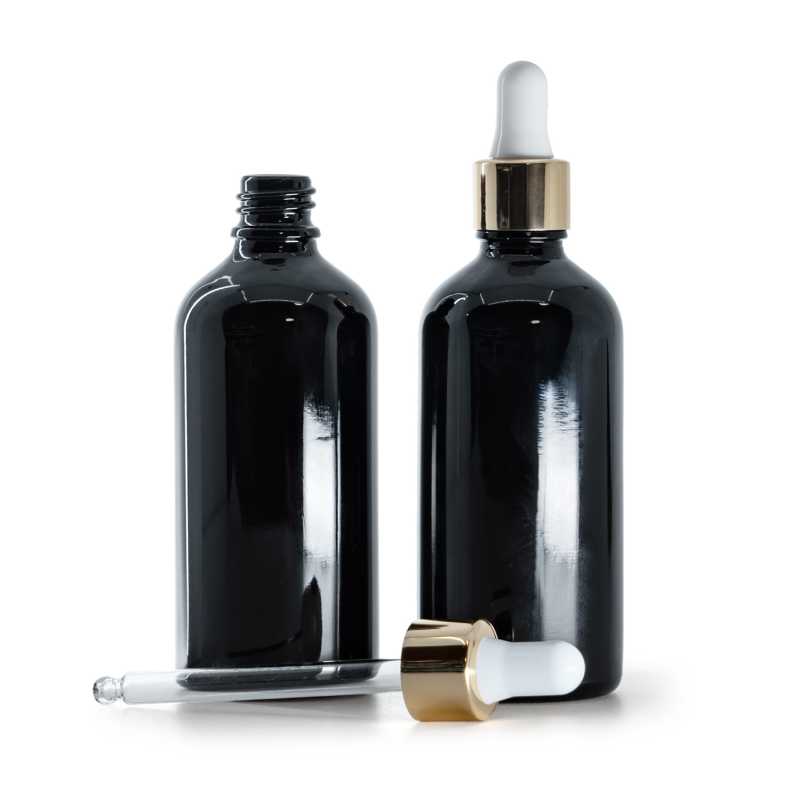 Flacone in vetro, nero lucido, contagocce bianco e oro, 100 ml