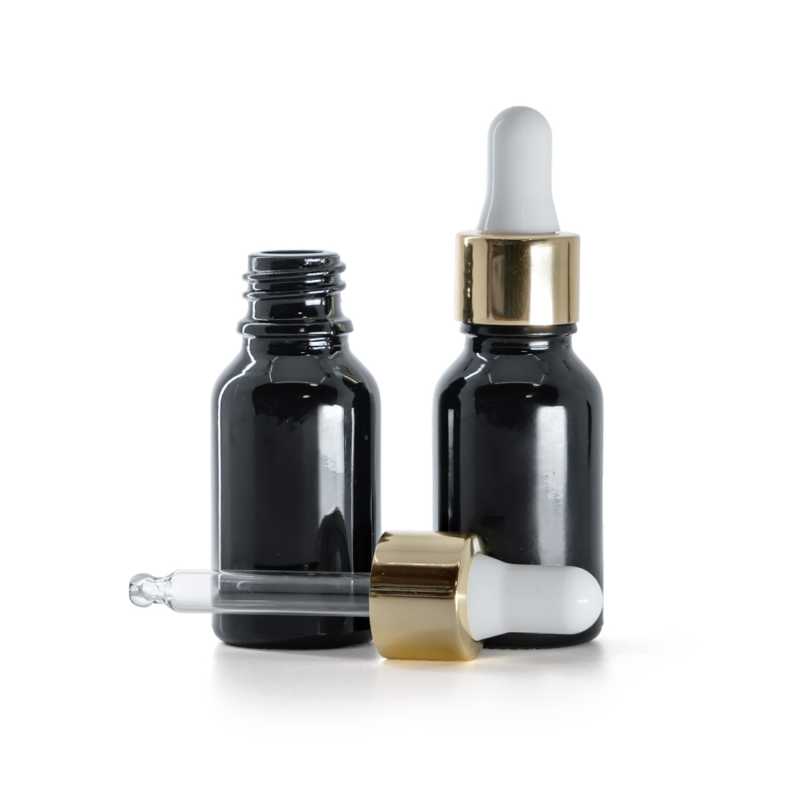 Flacone in vetro, nero lucido, contagocce bianco e oro, 15 ml
