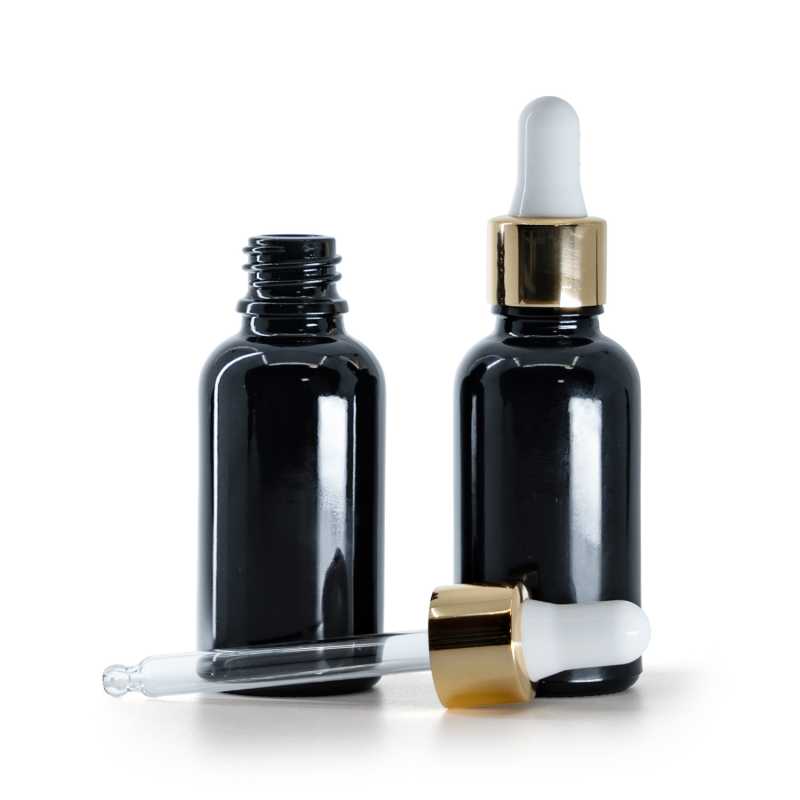 Bottiglia in vetro, nera lucida, contagocce bianco e oro, 30 ml