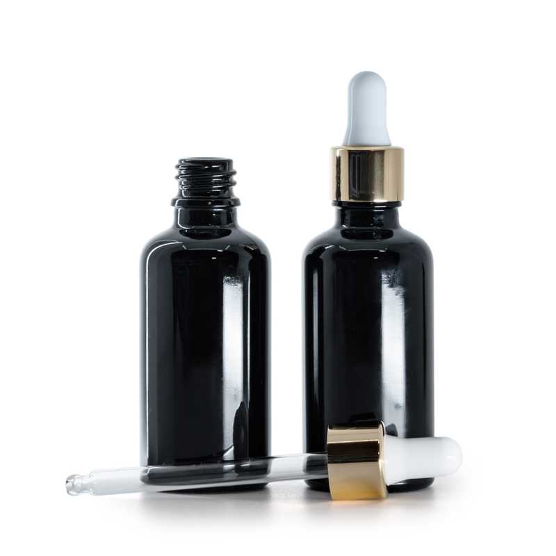 Flacone in vetro, nero lucido, contagocce bianco oro, 50 ml
