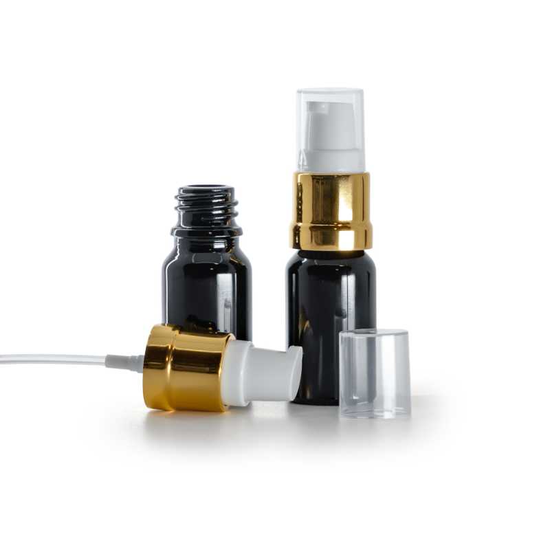 Contenitore cosmetico, vetro nero lucido, dosatore bianco dorato lucido, 10 ml
