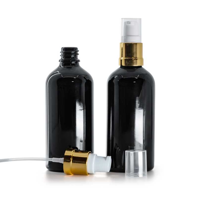 Flacone in vetro, nero lucido, dosatore bianco dorato lucido, 100 ml