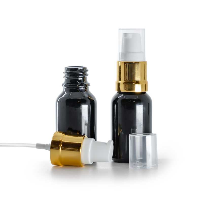 Flacone in vetro, nero lucido, dosatore bianco dorato lucido, 15 ml