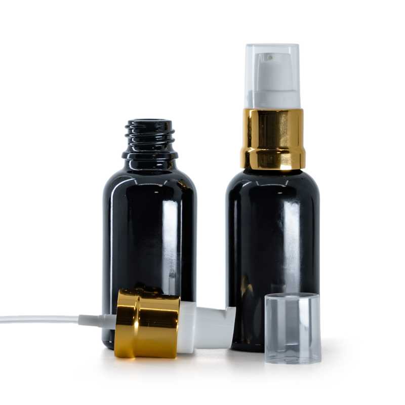 Flacone in vetro, nero lucido, dosatore bianco oro lucido, 30 ml
