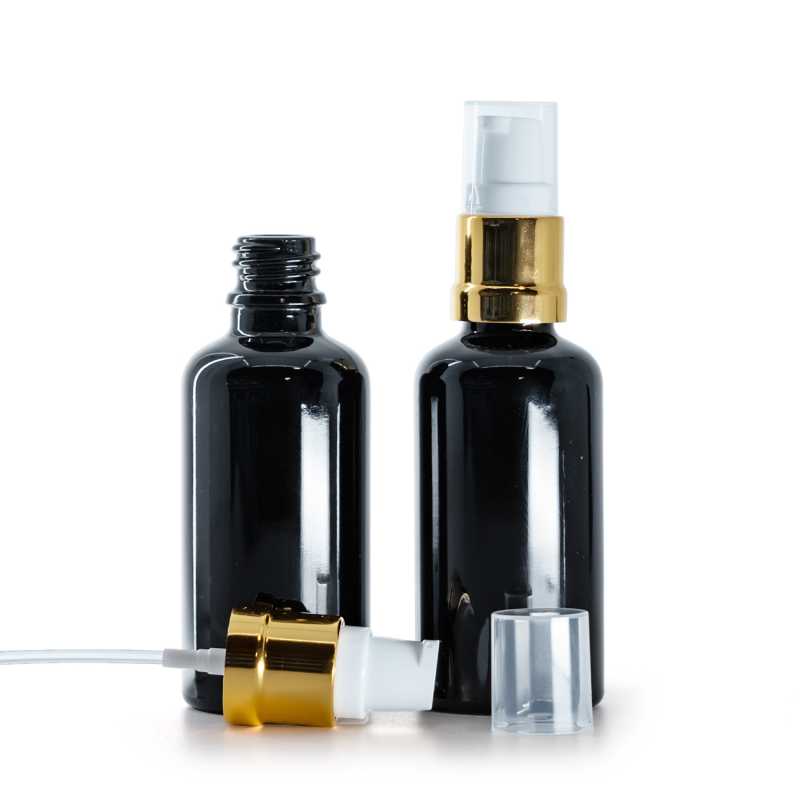 Flacone in vetro, nero lucido, dosatore bianco dorato lucido, 50 ml