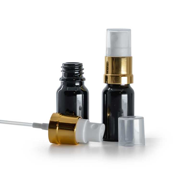 Flacone in vetro, nero lucido, spruzzatore bianco e oro, 10 ml