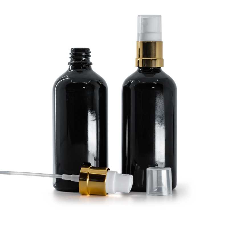 Bottiglia in vetro, nera lucida, spruzzatore bianco dorato, 100 ml