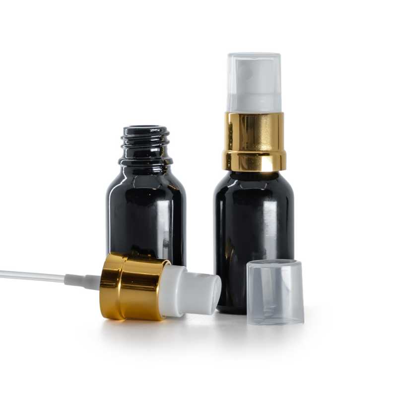 Flacone in vetro, nero lucido, spruzzatore bianco oro lucido, 15 ml