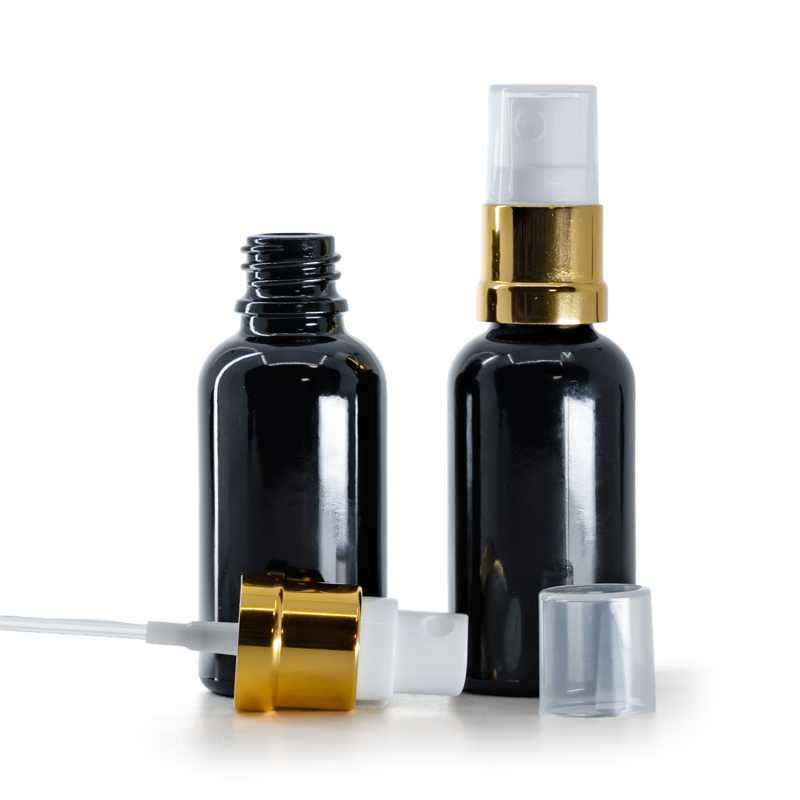 Flacone in vetro, nero lucido, spruzzatore bianco oro lucido, 30 ml