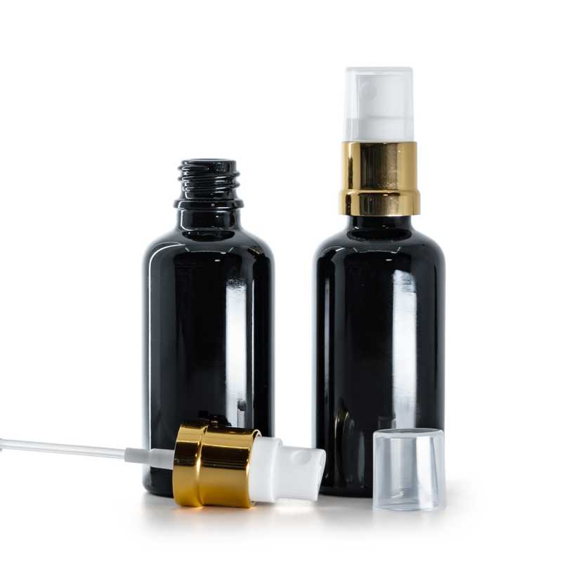 Flacone in vetro, nero lucido, spruzzatore bianco oro lucido, 50 ml