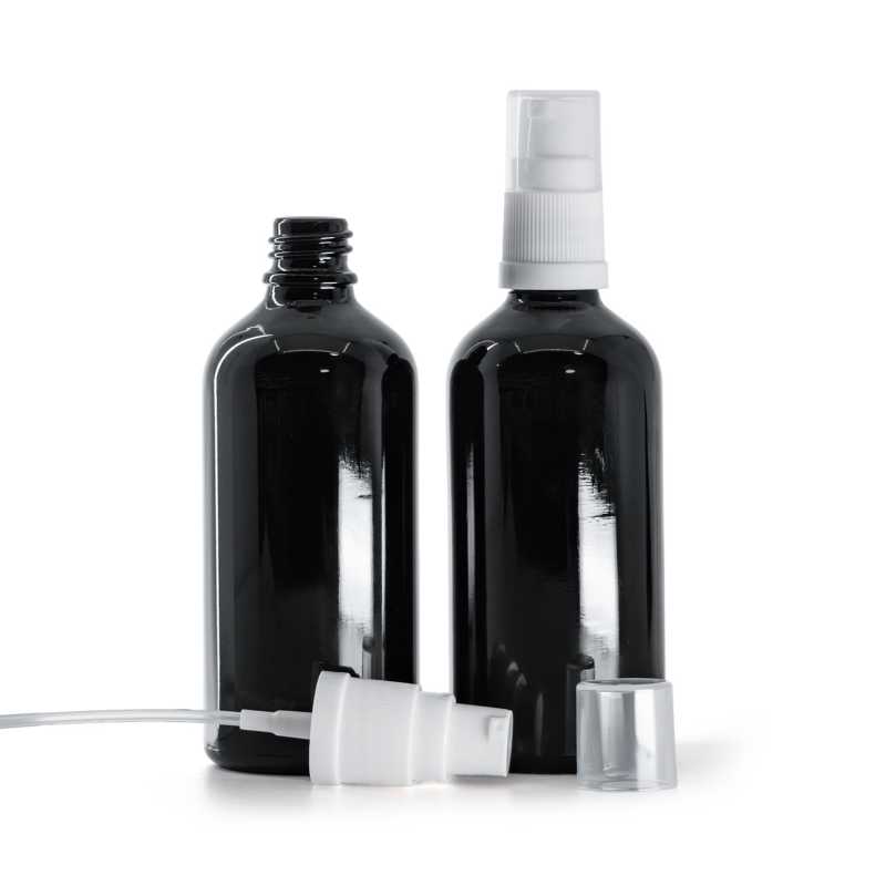 Flacone in vetro, nero lucido, dispenser bianco, 100 ml