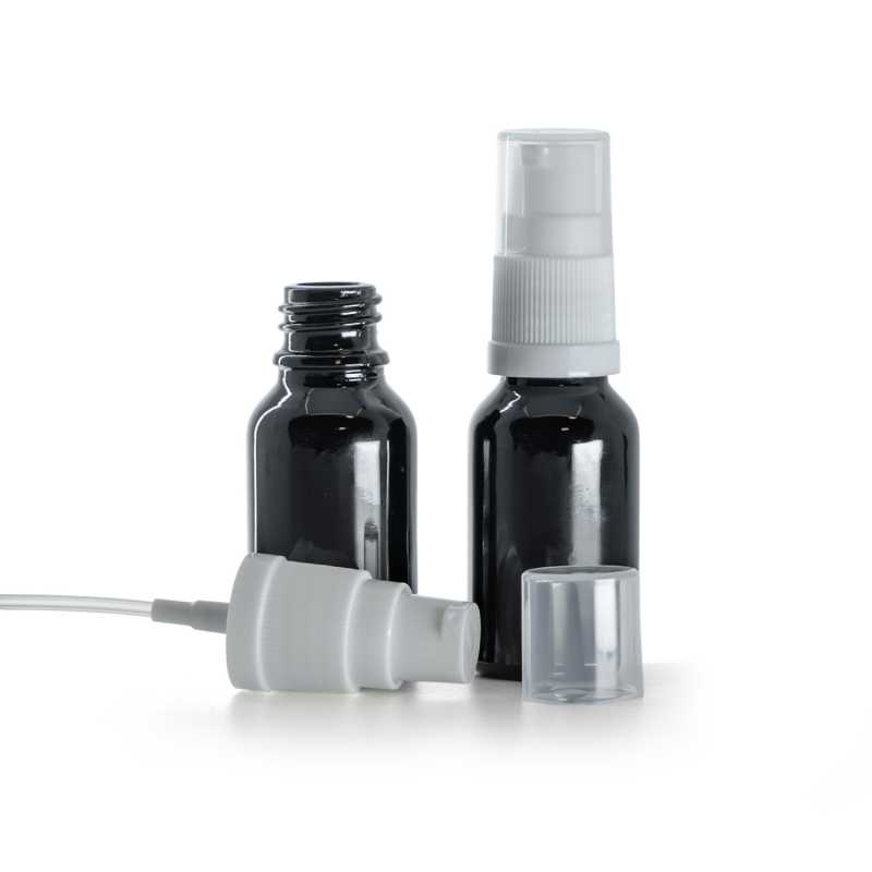 Flacone in vetro, nero lucido, dosatore lozione bianco, 15 ml