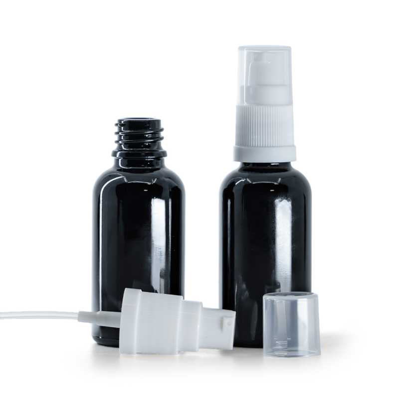 Bottiglia in vetro, nera lucida, dosatore bianco, 30 ml
