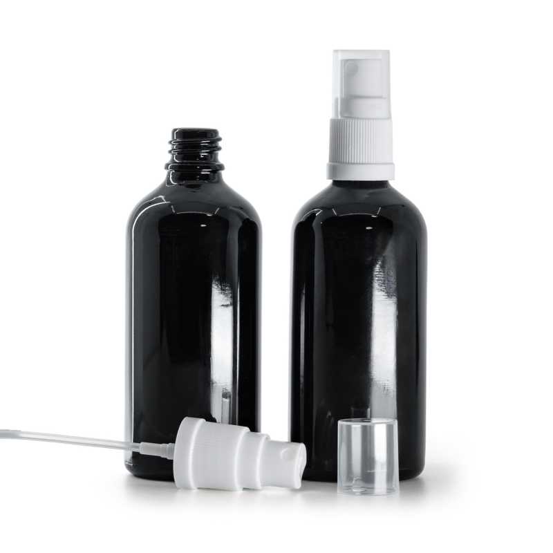 Flacone in vetro, nero lucido, spruzzatore bianco, 100 ml