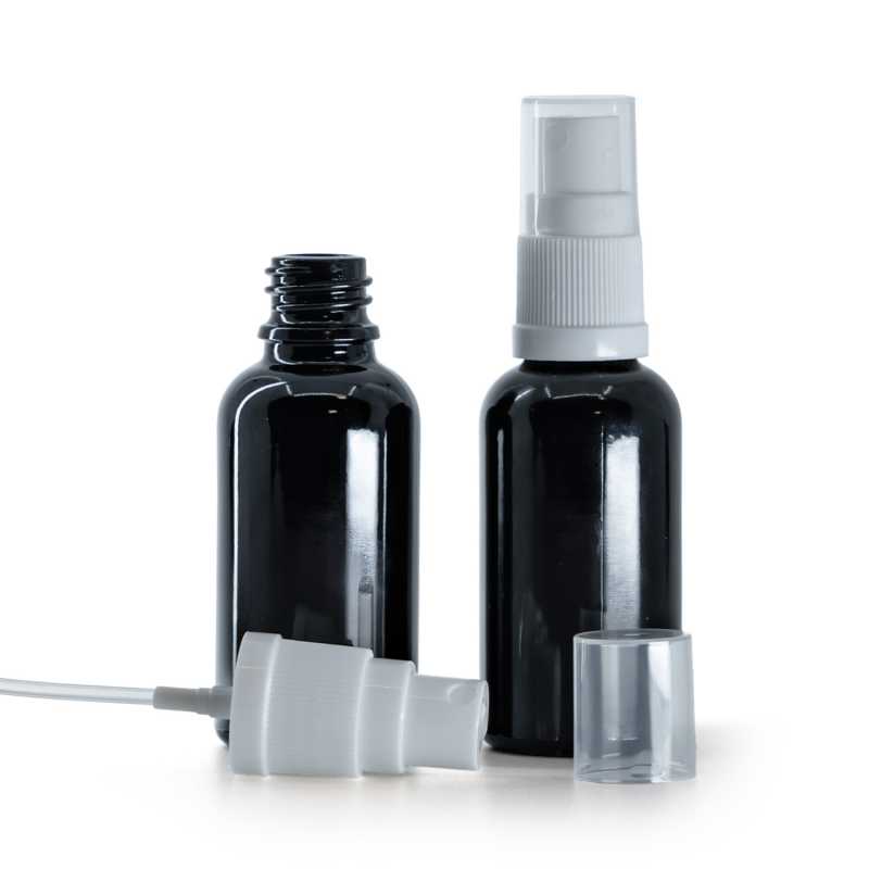 Flacone in vetro, nero lucido, spruzzatore bianco, 30 ml
