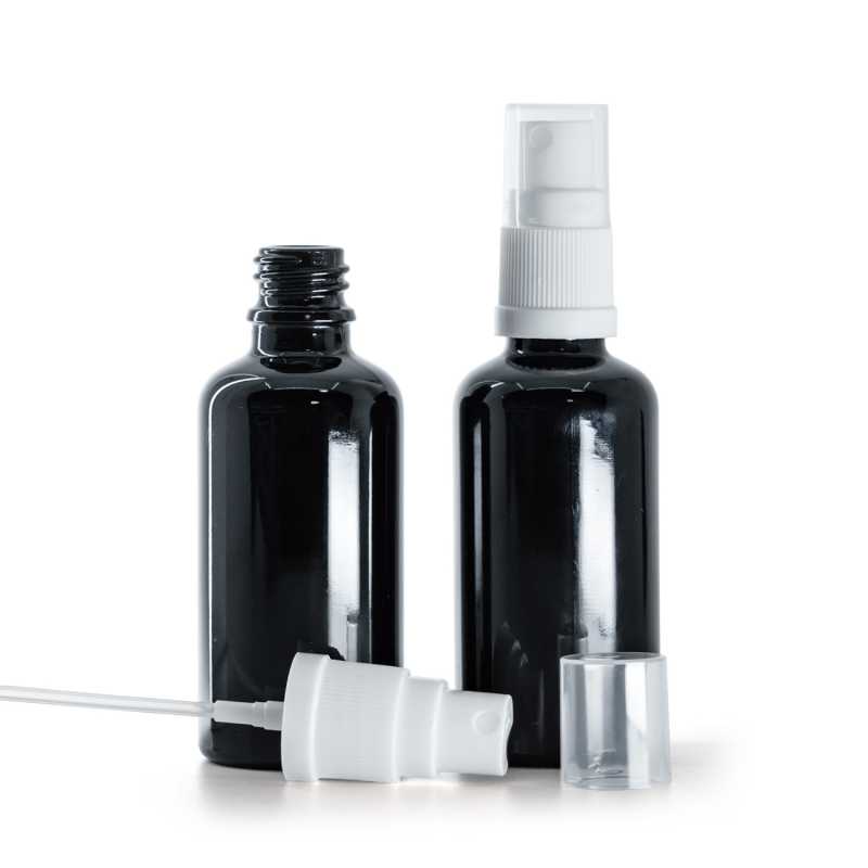 Bottiglia in vetro, nera lucida, spruzzatore bianco, 50 ml