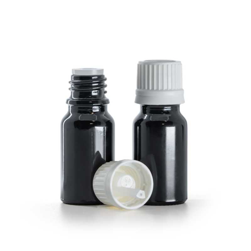 Flacone di vetro nero lucido, tappo bianco con contagocce, 10 ml