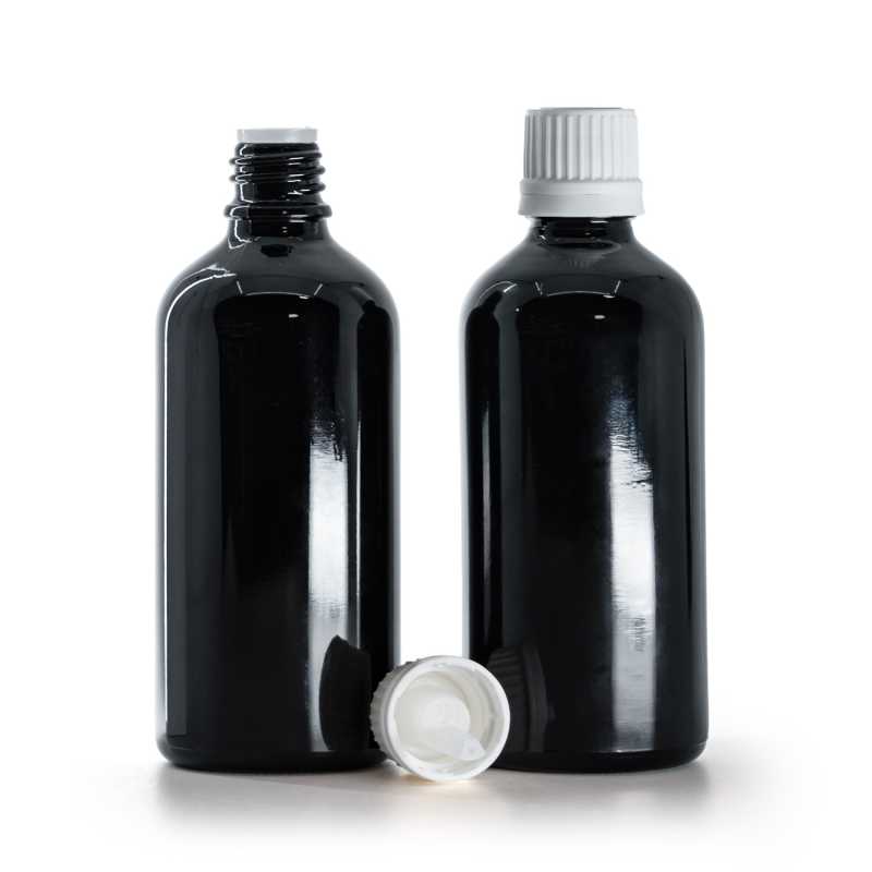 Flacone di vetro nero lucido, tappo bianco con contagocce, 100 ml