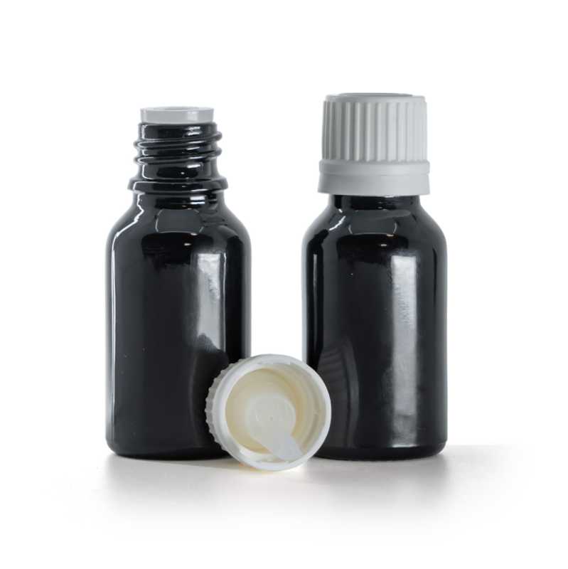 Flacone di vetro nero lucido, tappo bianco con contagocce interno, 15 ml