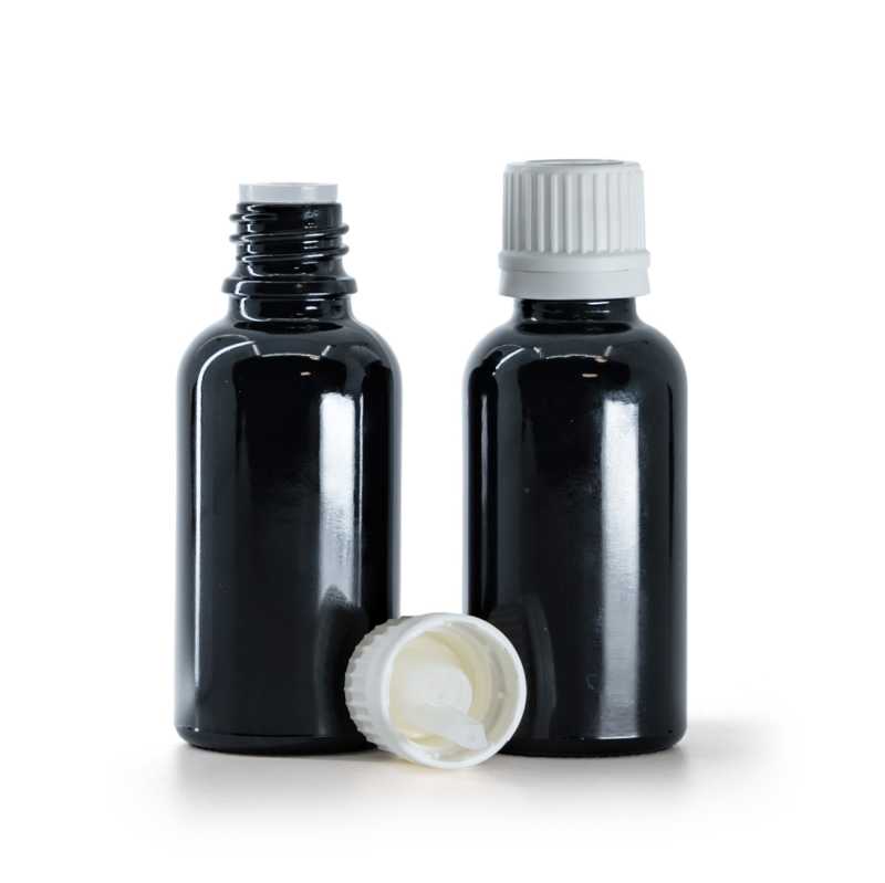 Flaconcino di vetro nero lucido, tappo bianco antimanomissione con contagocce interno, 30 ml