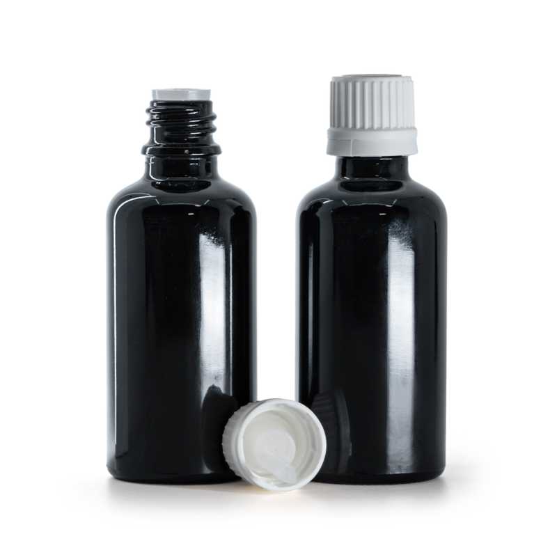 Flacone di vetro nero lucido, tappo bianco con contagocce, 50 ml