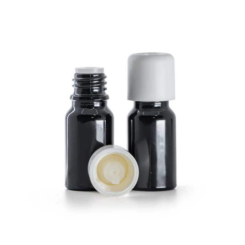 Flacone in vetro, nero lucido, contagocce di sicurezza bianco, 10 ml