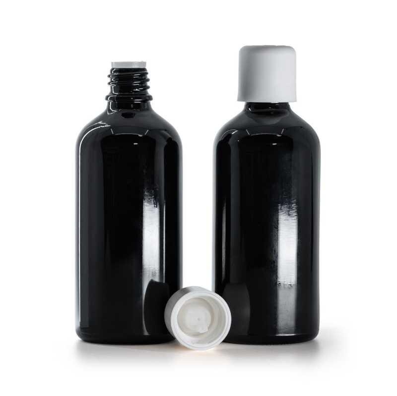 Flacone in vetro, nero lucido, tappo di sicurezza bianco con contagocce, 100 ml