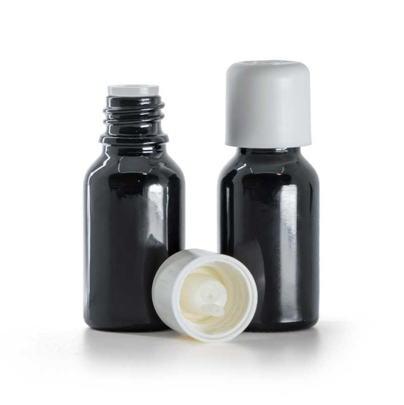 Flacone in vetro, nero lucido, tappo di sicurezza bianco con contagocce, 15 ml