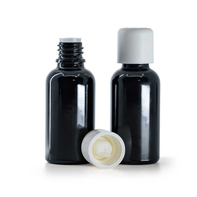 Flacone in vetro, nero lucido, tappo di sicurezza bianco con contagocce, 30 ml