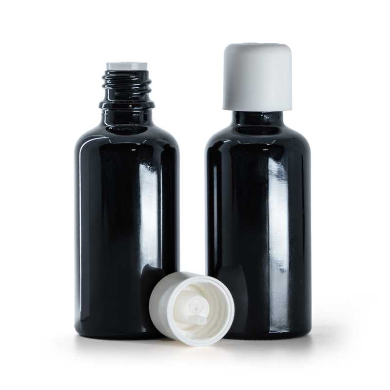 Flacone in vetro, nero lucido, tappo di sicurezza bianco con contagocce, 50 ml
