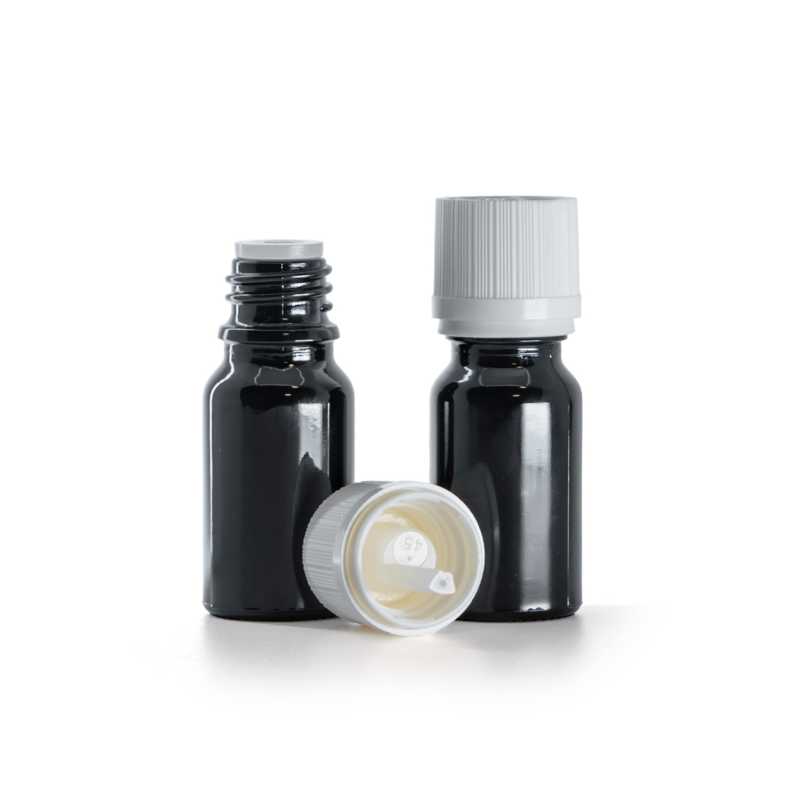 Flacone in vetro, nero lucido, tappo di sicurezza bianco con contagocce, 10 ml