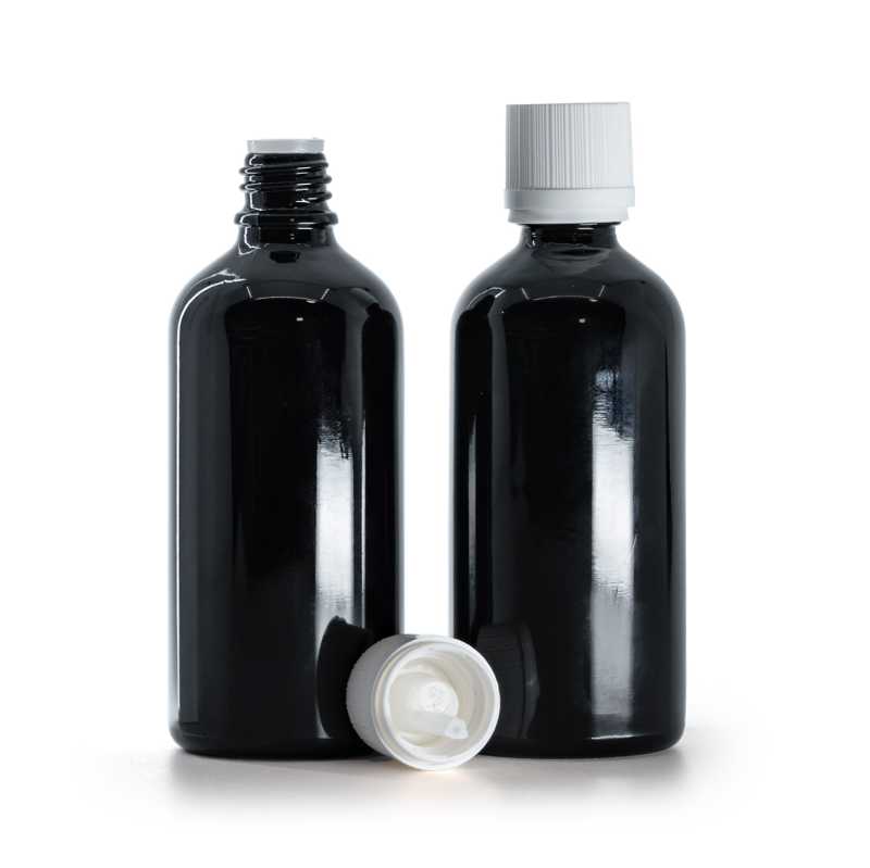 Bottiglia in vetro, nero lucido, tappo di sicurezza bianco con contagocce, 100 ml