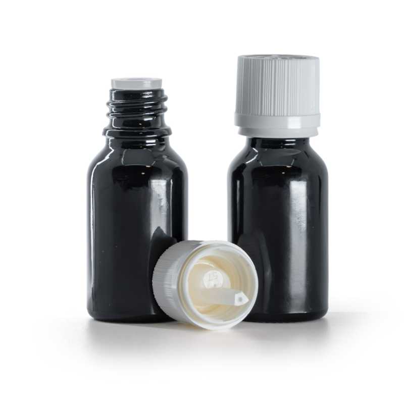 Boccetta in vetro, nero lucido, tappo di sicurezza antimanomissione bianco con contagocce, 15 ml