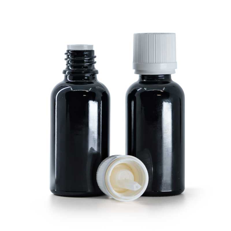 Bottiglia in vetro, nera lucida, tappo di sicurezza bianco con contagocce, 30 ml