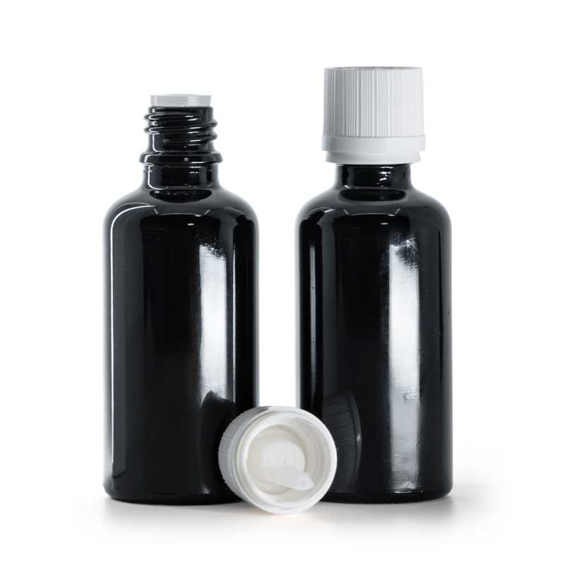 Flacone in vetro, nero lucido, tappo di sicurezza antimanomissione bianco con contagocce, 50 ml