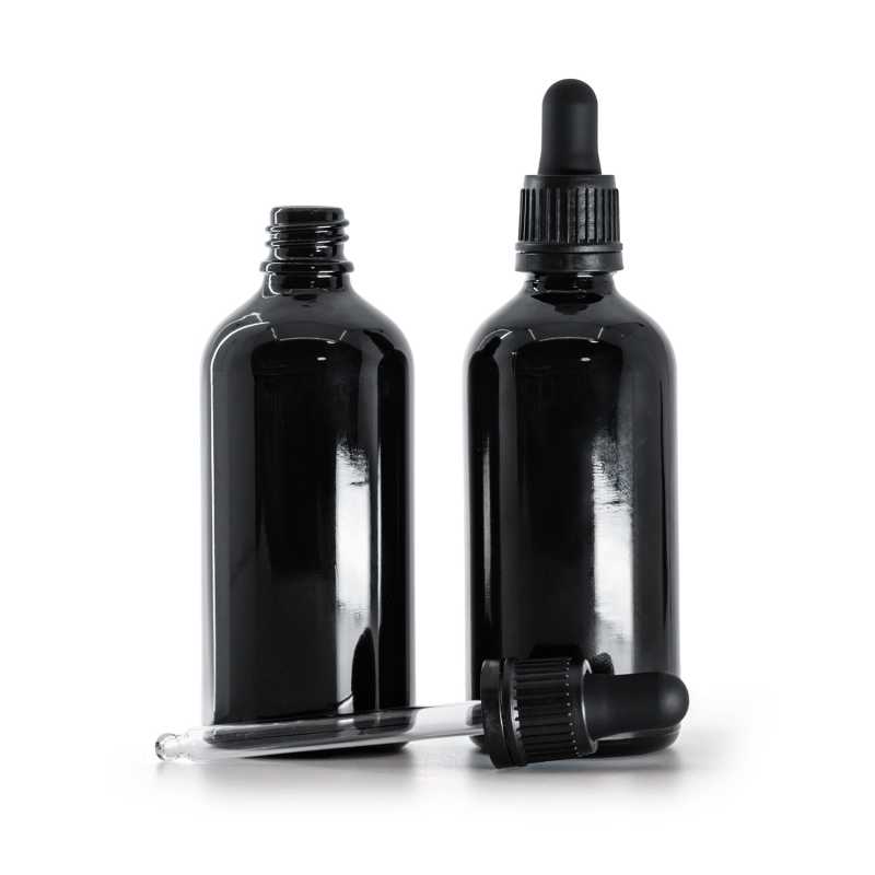 Flacone in vetro, nero lucido, contagocce antimanomissione nero, 100 ml